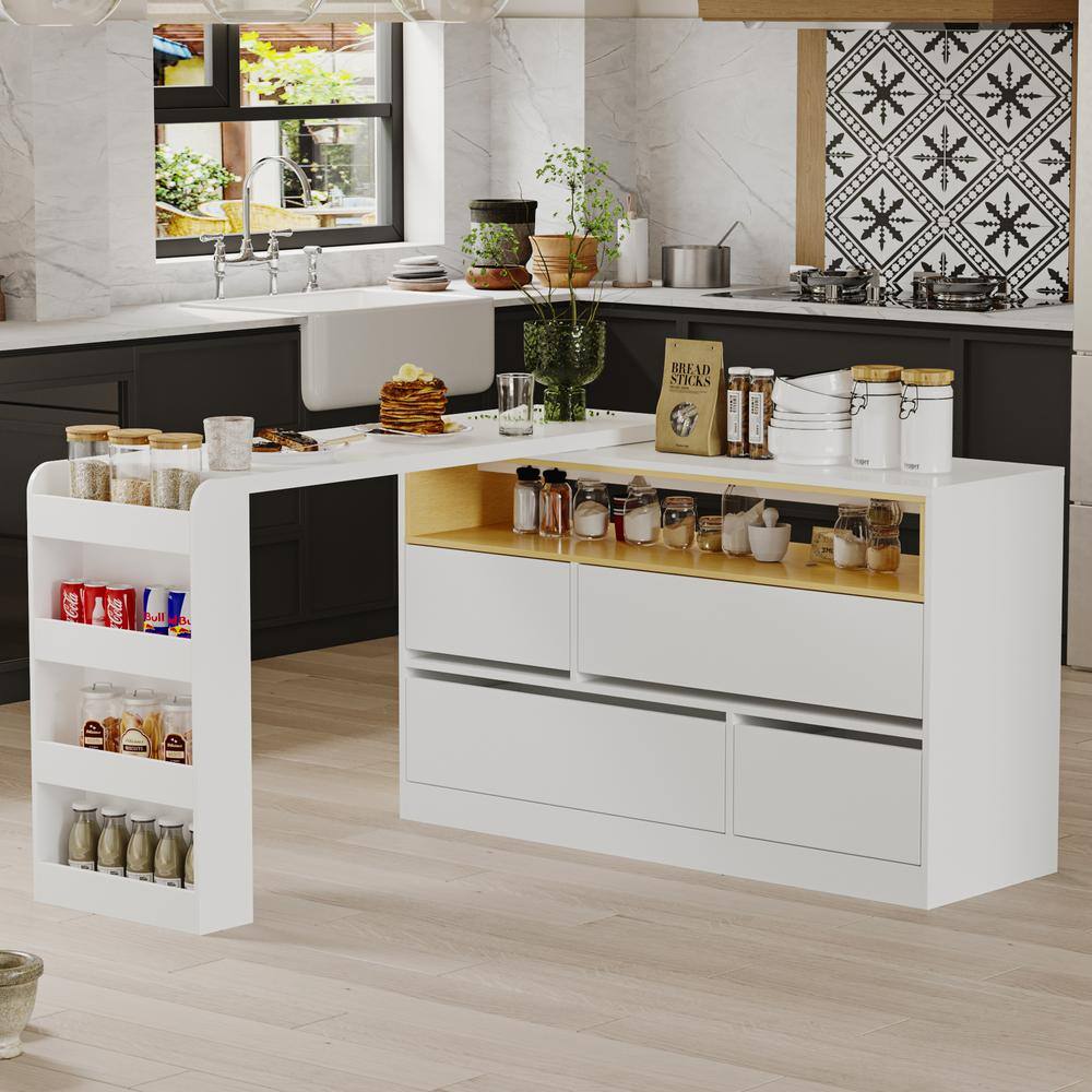 FUFU&GAGA White and Brown Wood 94.5 in. W Kitchen Island Dining Bar