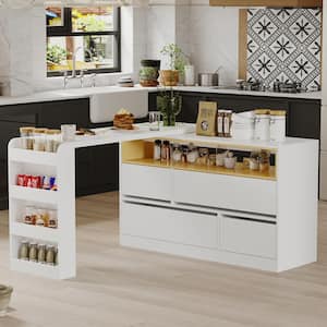 White and Brown Wood 94.5 in. W Kitchen Island Dining Bar Table with Moveable Tabletop, Shelves, Drawers