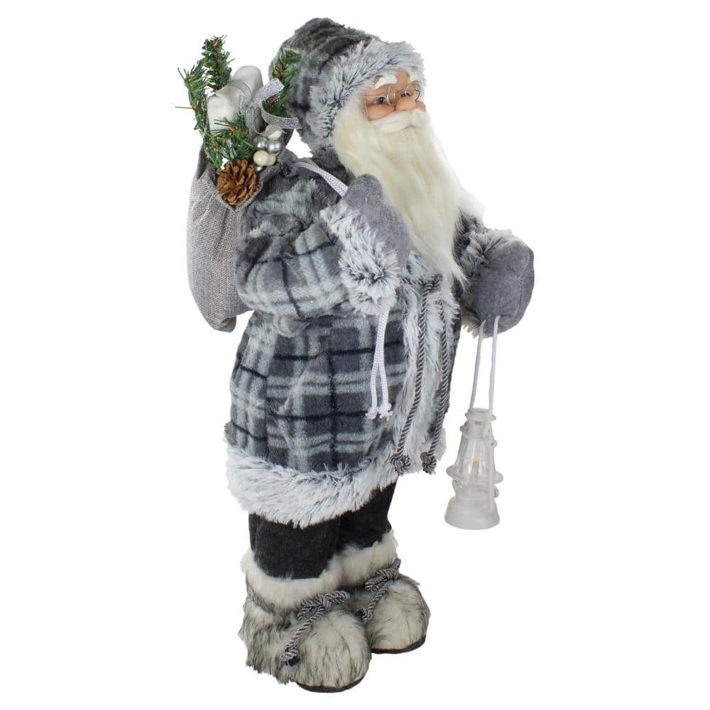 24" Gray Plaid Santa Figurine with Lantern and Faux Fur