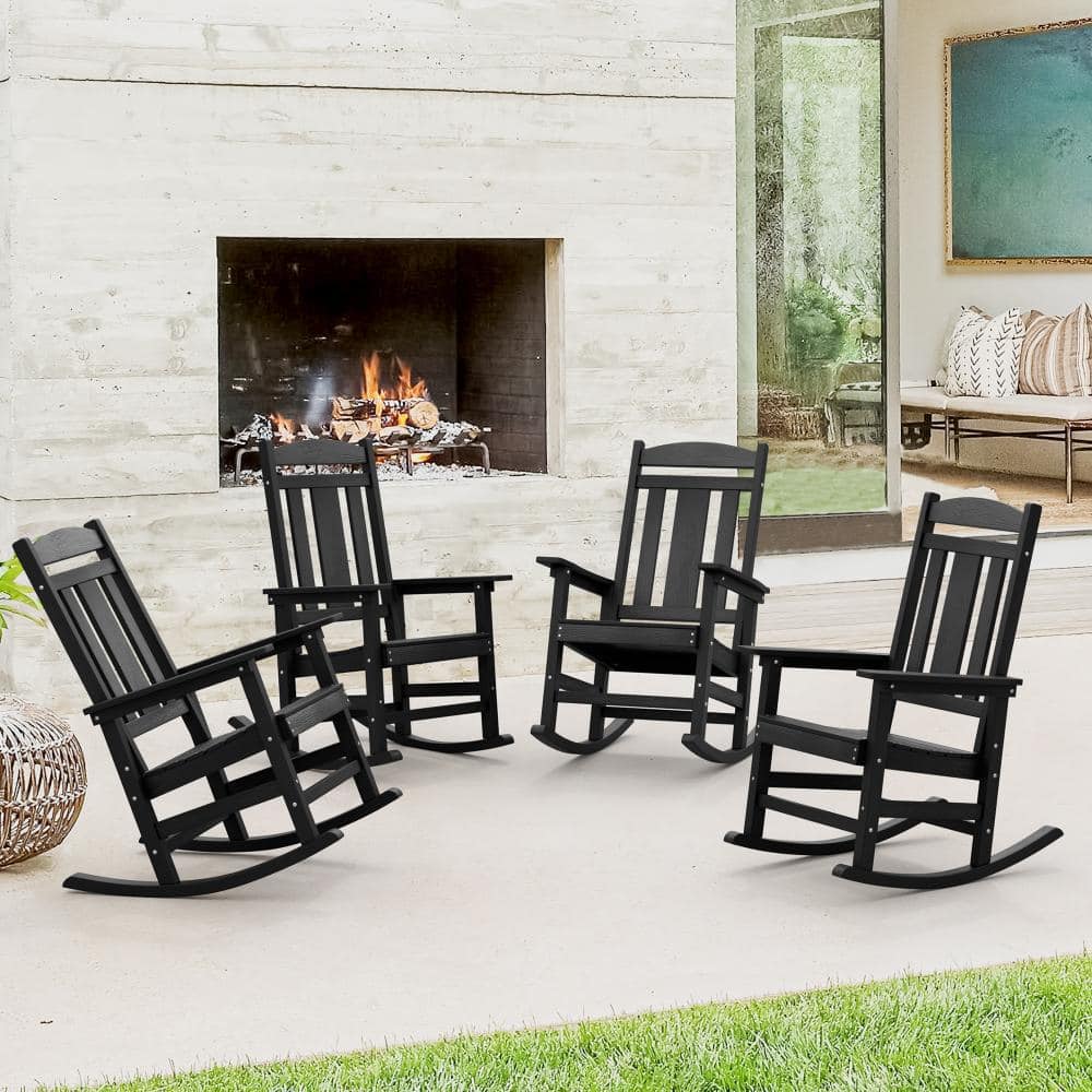 Black Recycled Plastic HDPS Porch Patio Adirondack Outdoor Rocking Chair Porch Rocker Patio Rocking Chairs (Set of 4)