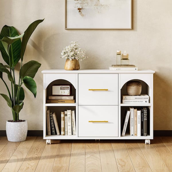 Cindy 2-Drawer White Wood 39.37 in W Lateral File Cabinet, A4/Letter Size Cabinet with Rolling Wheels for Home Office