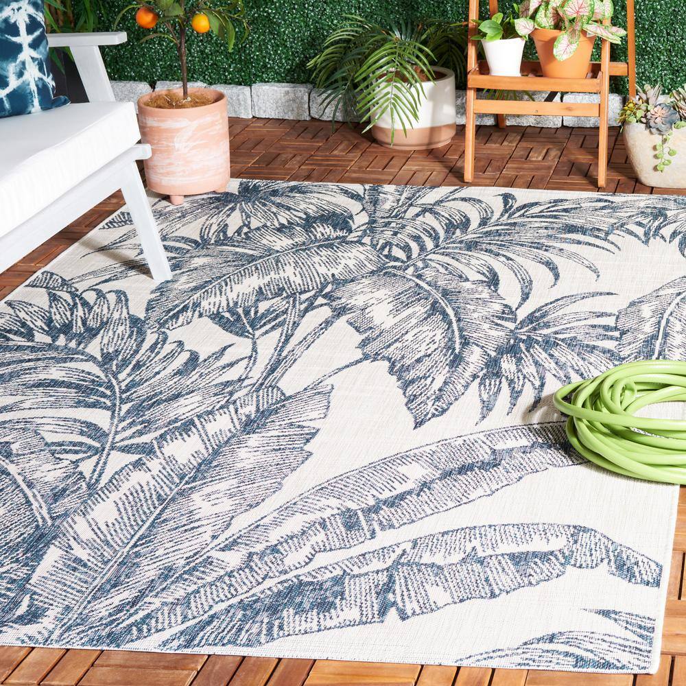 Ivory and Navy Square Botanical Indoor/Outdoor Rug