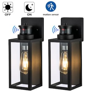 1-Light Matte Black Motion Sensing Dusk to Dawn Non-Solar Outdoor Wall Lantern Sconce with Clear Tempered Glass (2-Pack)