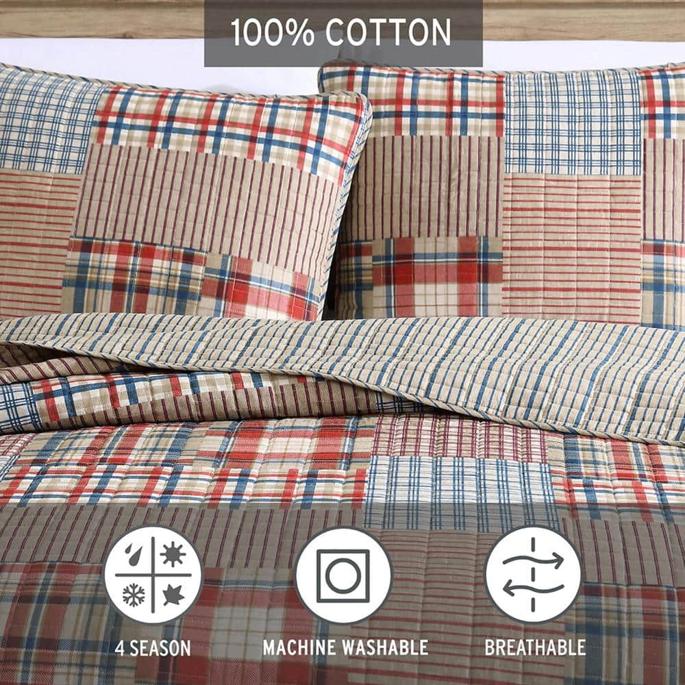Brown Plaid Cotton Twin Reversible Quilt Set with Sham