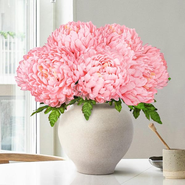 18 in. Deluxe Blush Pink Artificial Chrysanthemum Flower Stem Bush Bouquet (Set of 2)