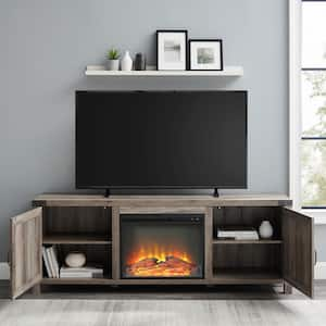 70 in. Grey Wash Wood Farmhouse Double Barn Door Fireplace TV Stand Fits TVs up to 80 in.