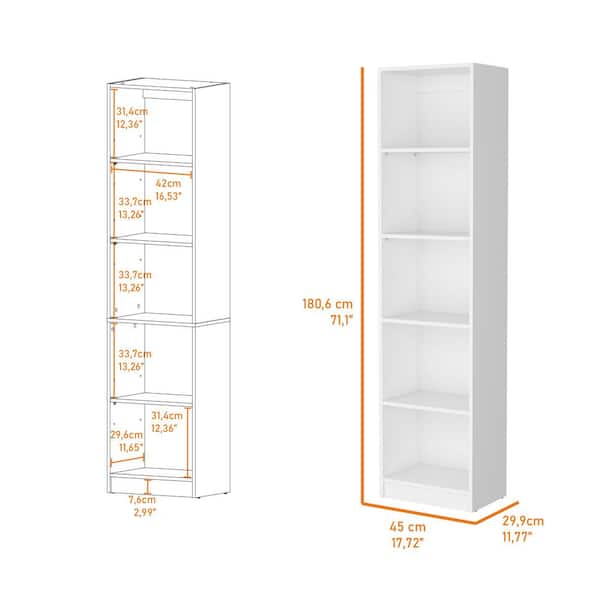 71.10 in. Tall Particle Board Sutton Slim Bookcase with Modern 5-Shelf Design in White