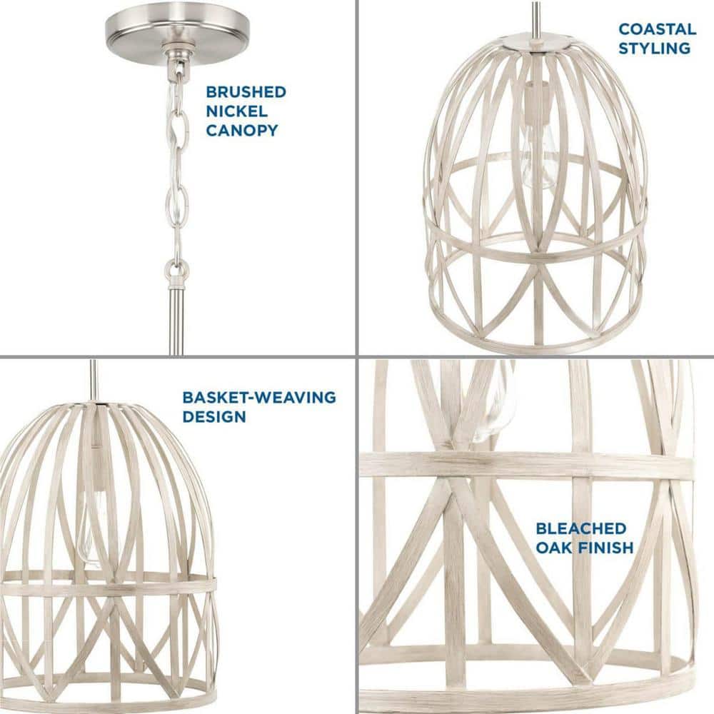 Bleached Oak Farmhouse 14'' Glass Pendant Light with Brushed Nickel Stem