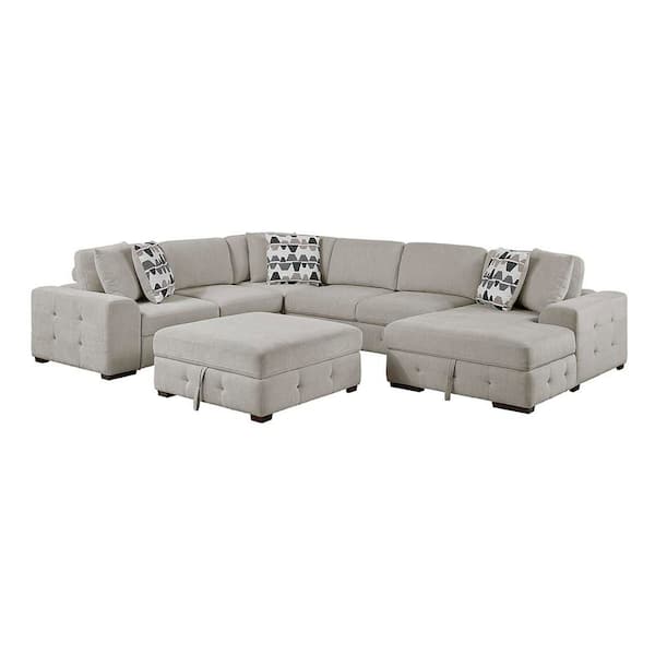 Laconia 143 in. Round Arm 5-Piece Sectional Sofa with Right Chaise and Ottoman in Taupe