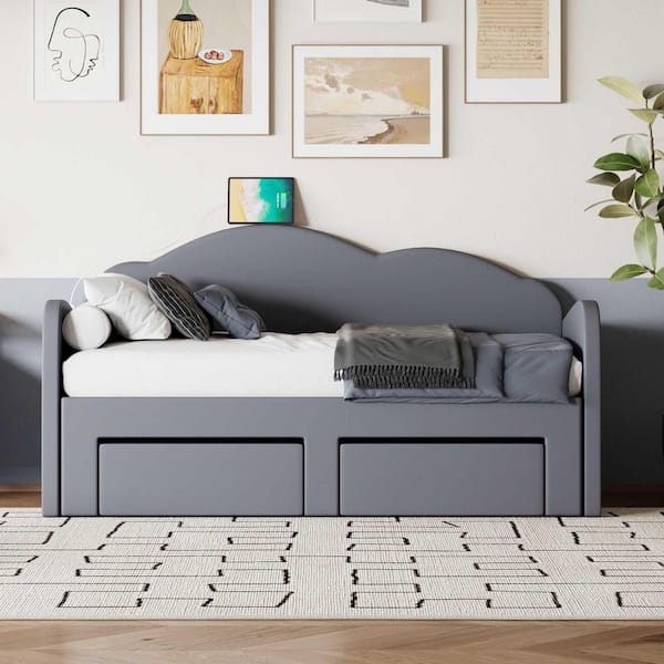 Gray Twin Size Daybed with Cloud-Shaped Backrest, Trundle & 2-Drawers and USB Ports