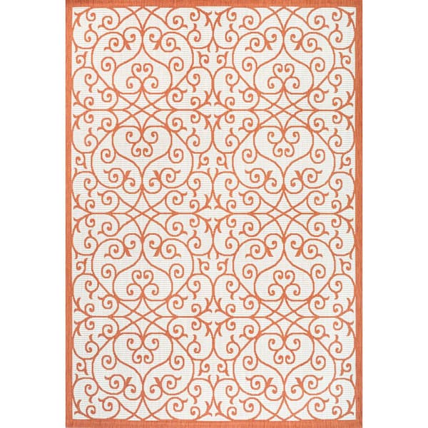 Madrid Vintage Filigree Textured Weave Cream/Orange 9 ft. x 12 ft. Indoor/Outdoor Area Rug