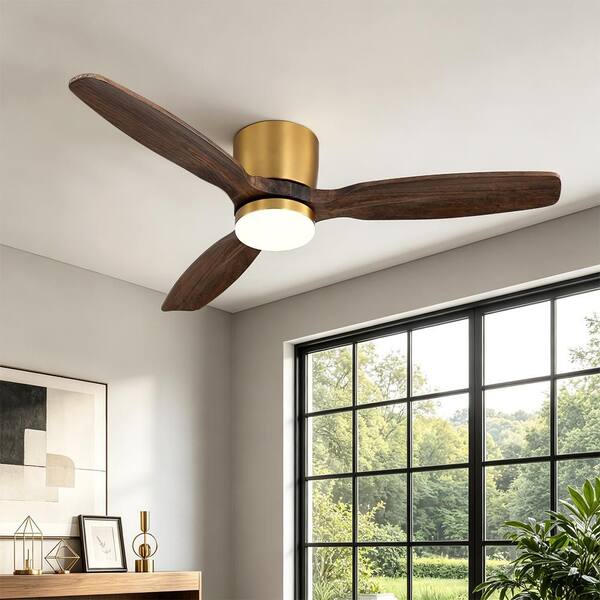 48 in. 3-Solid Natural Wood Grain Blades Indoor Standard White Ceiling Fan Flush Mount with Remote and Integrated LED
