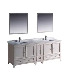 Oxford 84 in. Double Vanity in Antique White with Ceramic Vanity Top in White and Mirror with Side Cabinet