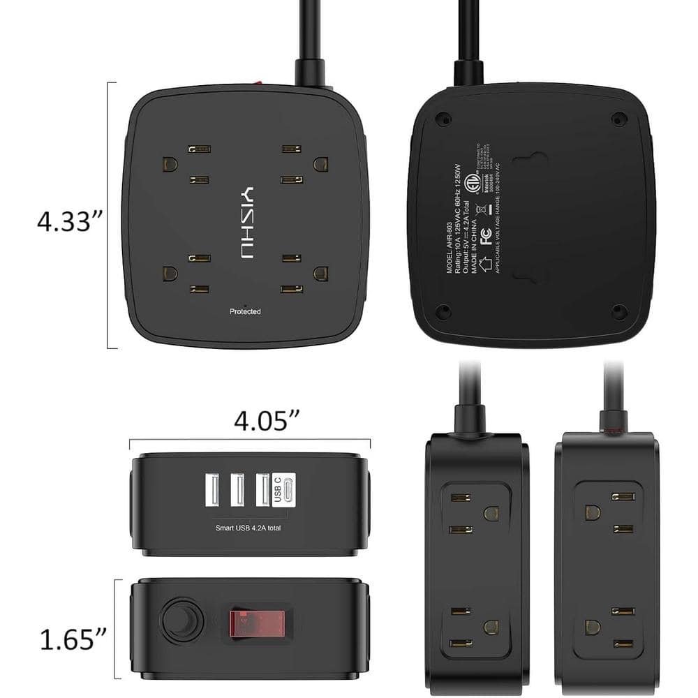 Black 6 Ft Fire Resistant Power Strip with USB Ports