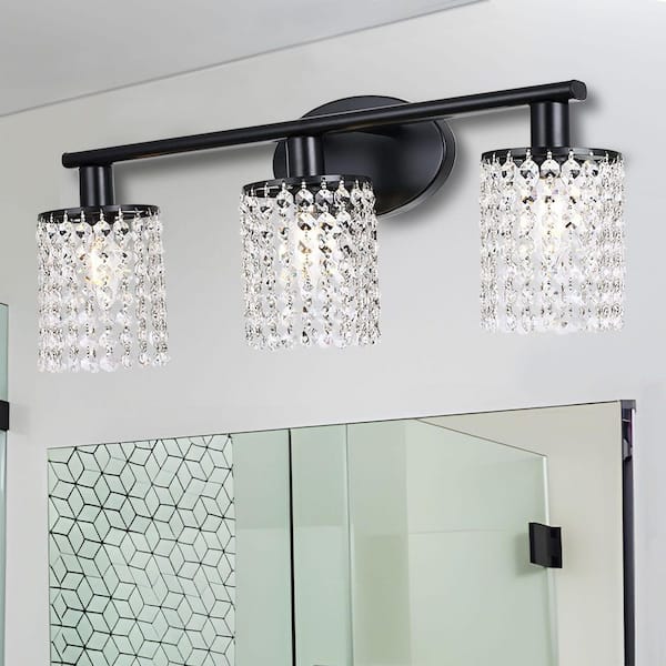 22.4in. 3-Light Vanity Light with E12 Bulb Socket and Crystal Accents in Black Finish