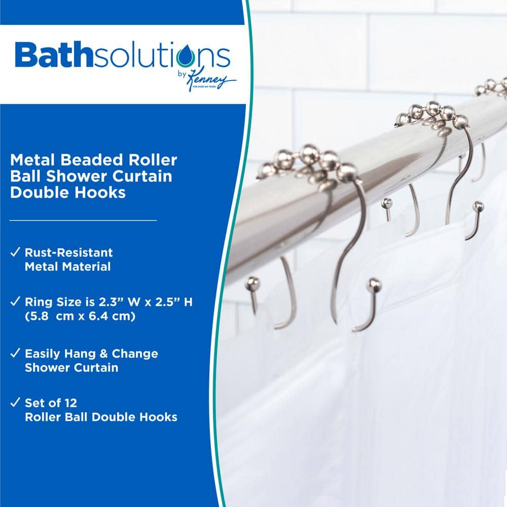 Brushed Nickel Beaded Double Shower Curtain Hooks Set of 12