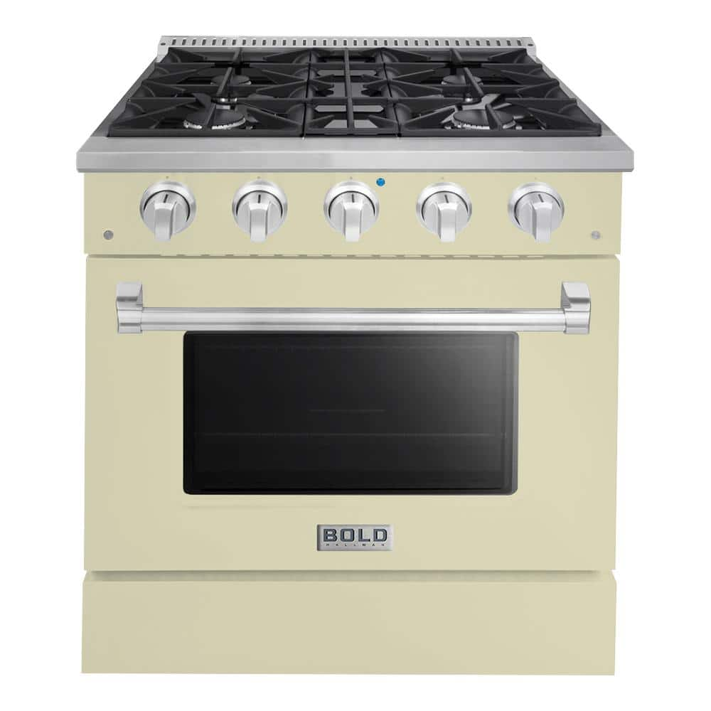 BOLD 30"" 4.2 Cu.Ft. 4 Burner Freestanding Dual Fuel Range with Gas Stove and Electric Oven in Off-White Family -  Hallman, HBRDF30CMAW