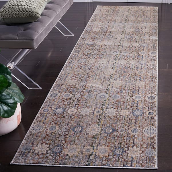 Princeton 3 ft. x 10 ft. Ivory/Blue Distressed Floral Runner Rug