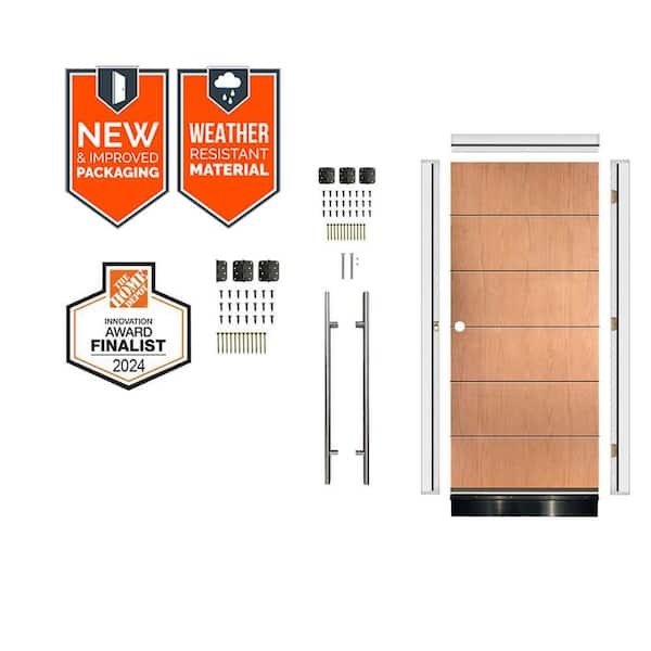 DIY Faux Pivot 36 in. x 79 in. Right-Hand 6-Grid Teak Stain Fiberglass Front Door Kit w/ Quick Assemble Jamb