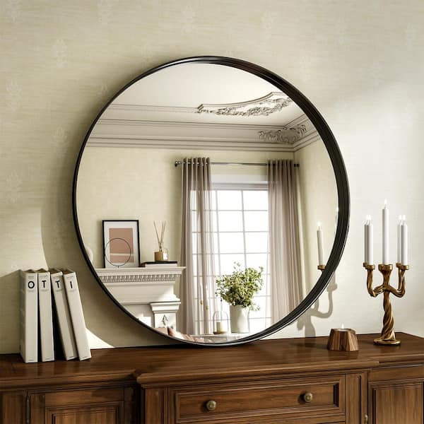 Morden Black 24 in. W x 24 in. H Round Aluminum Alloy Frame Vanity Wall Mirror