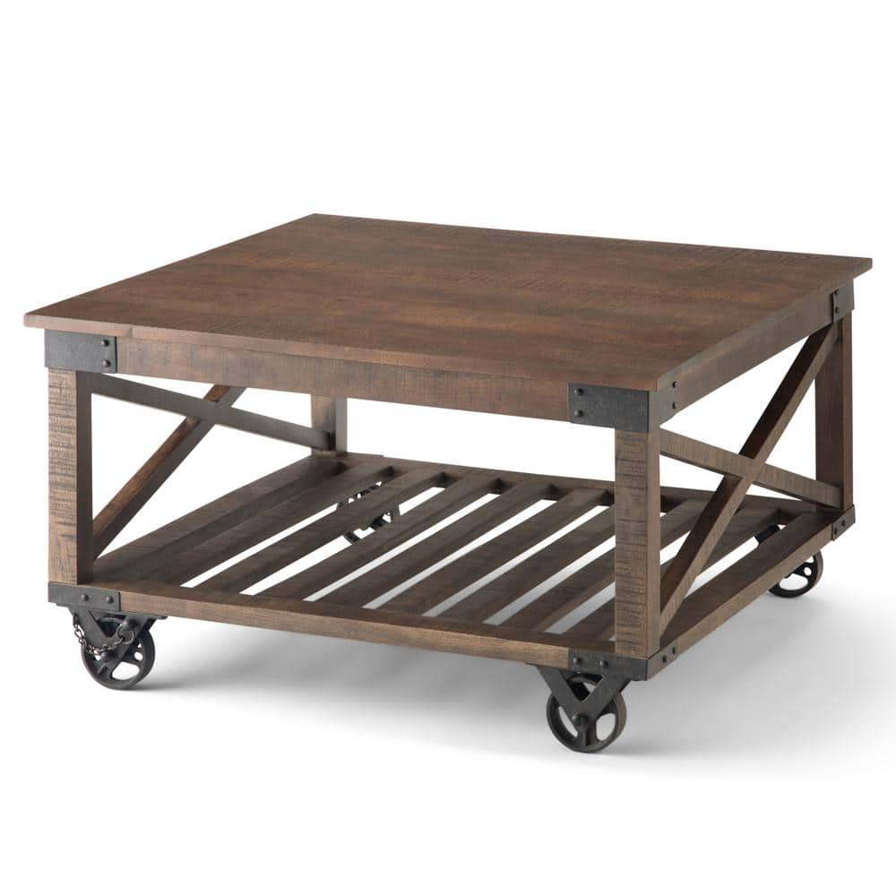 Harding Distressed Dark Brown Solid Mango Wood Square Coffee Table with Iron Wheels