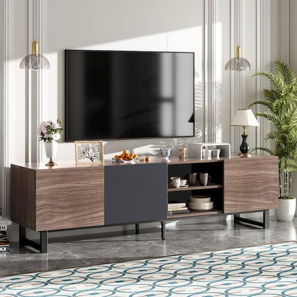Harper & Bright Designs Wooden Dark Brown TV Stand Fits TV's up to 80 in. Entertainment Center with 3-Cabinets, Open Shelves, Drop Down Doors