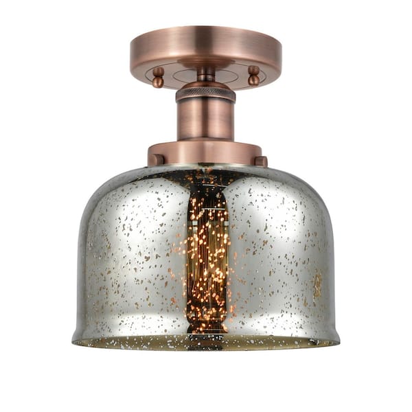 Innovations Bell 7.75 in. 1-Light Antique Copper Art Nouveau Semi-Flush Mount with Decorative Glass Shade