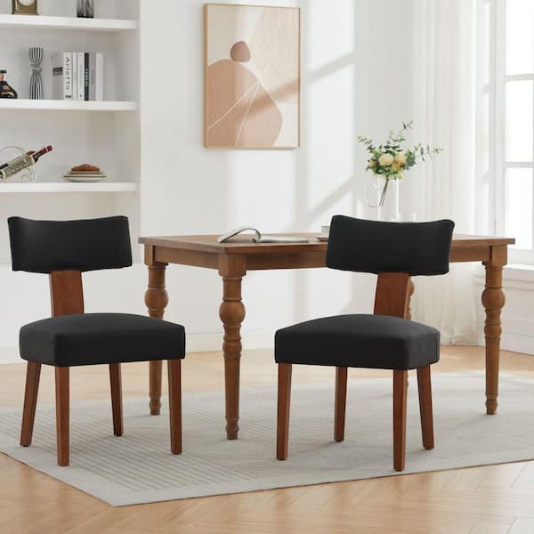 Veltria Modern Black Linen Fabric Upholstered Dining Side Chair with Curved Backrest, Solid Wood Leg, Set of 2