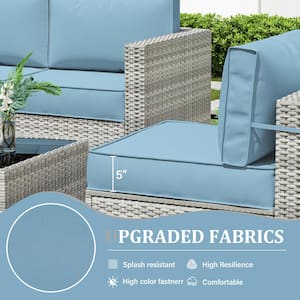 8-Piece Wicker Patio Outdoor Lounge Chairs Sectional Conversation Set with 5"  Seat Cushion and Fire Pit Table Sky Blue