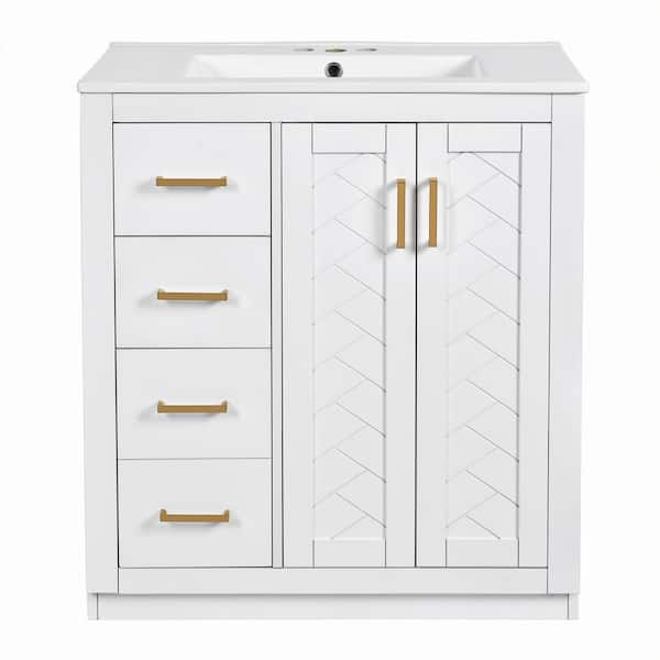 Solid Wood Bathroom Vanity 30 in. White Frame Bathroom Storage Cabinet, Ceramic Sink with 3 Drawers& Soft Closing Doors