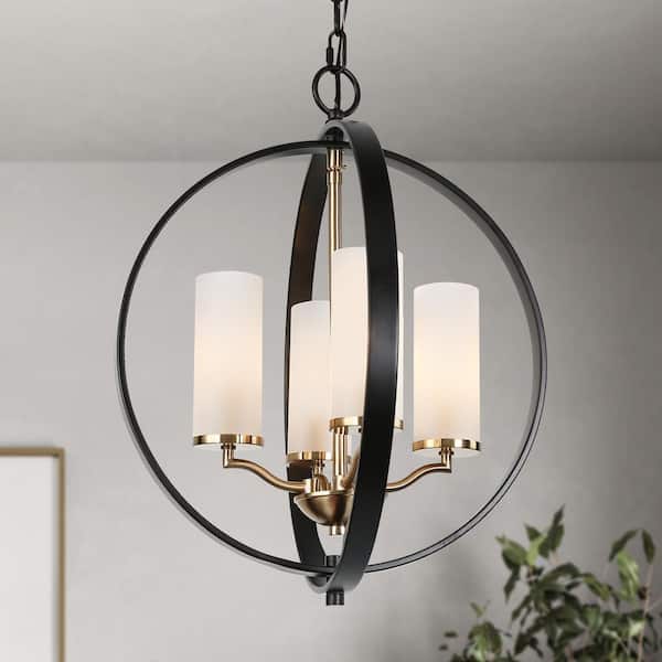 Uolfin Modern Globe Chandelier Light 4-Light Matte Black & Electroplate Brass Modern Circle Chandelier with Candlestick Design