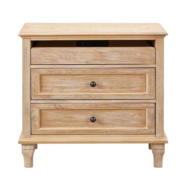 Natural 3 Drawer Wood Nightstand with Charging Station Farmhouse Bedside Table with USB & Type-C Ports Storage End Table