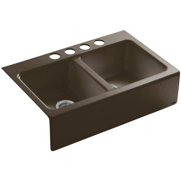 KOHLER Hawthorne Farmhouse Apron-Front Cast Iron 33 in. 4-Hole Double Basin Kitchen Sink in Suede