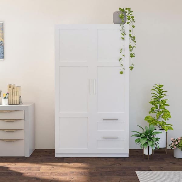 White Simple Wooden Armoire with 2 Drawers and 5 Storage Spaces( H 71 in. X W 40 in. X 20 in. D)