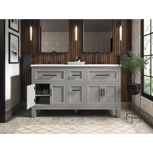 KOHLER Quo 61in. Double Sink Freestanding Mohair Grey Bath Vanity with White Quartz Top Assembled