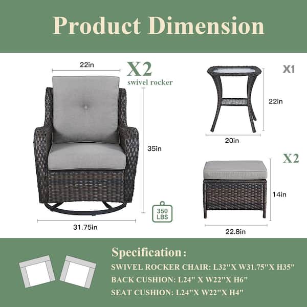 Brown 5-Piece Wicker Patio Conversation Deep Seating Set and Ottoman with Gray Cushions