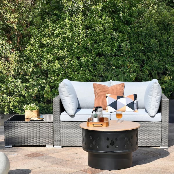 Toject Sanibel Gray 4-Piece Wicker Outdoor Patio Conversation Sofa Set with a Wood-Burning Fire Pit and Light Gray Cushions