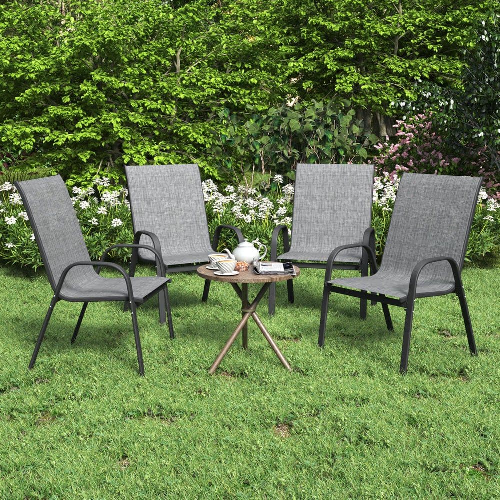 Gray Stackable Steel Frame Outdoor Dining Armchairs, Set of 4