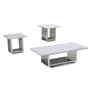 Magda 55 in. White Rectangle Marble Top Coffee Table Set with Stainless Steel Base 3 Pieces