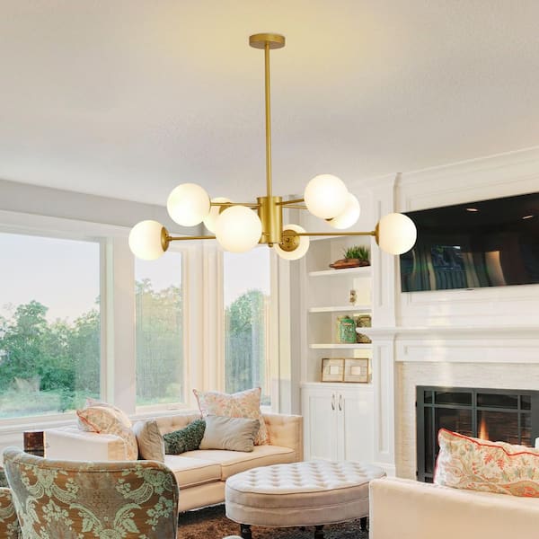 Modern Branching 8-Light Gold with White Glass Globe Mid-Century Chandelier for Living Dining with No Bulb