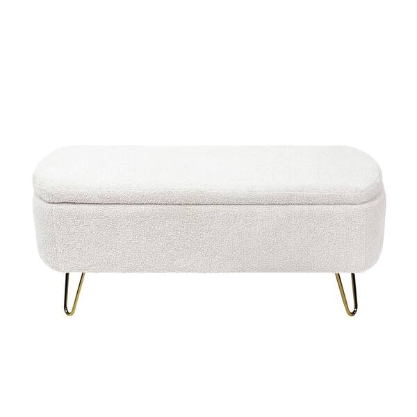 Modern 39.37 in. White Polyester Upholstered Storage Ottoman Bedroom Bench with Gold Legs Faux