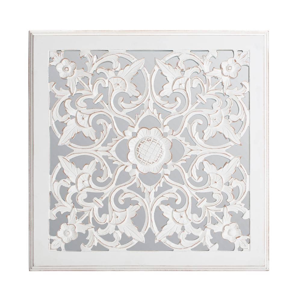 Maia White Carved Floral Medallion Square Wall Mirror