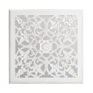 24 in. x 24 in. Maia White Carved Square Mirrored Medallion MDF Wall Art