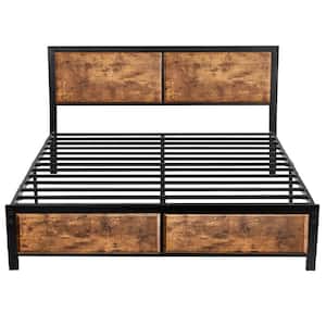 Full Size Platform Metal Bed Frame with Wooden Headboard and Footboard，Rustic Country Style Bed Frame，56.6"W，Brown