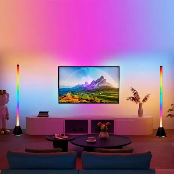 48 in. Black Integrated LED Color Changing Smart Home Wi-Fi Connected Wireless Standard Floor Lamp (2-Pack)