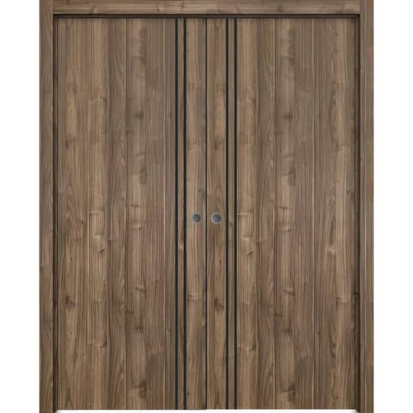 Sartodoors 64 in. x 96 in. 2 Panel Walnut Finished Solid Wood with Honeycomb Sliding Door with Hardware