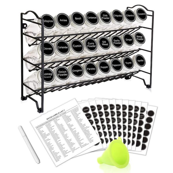 3-Shelf Black Wall Mount Spice Rack Organizer Set with 24 Empty Glass Jars and 396 Spice Labels