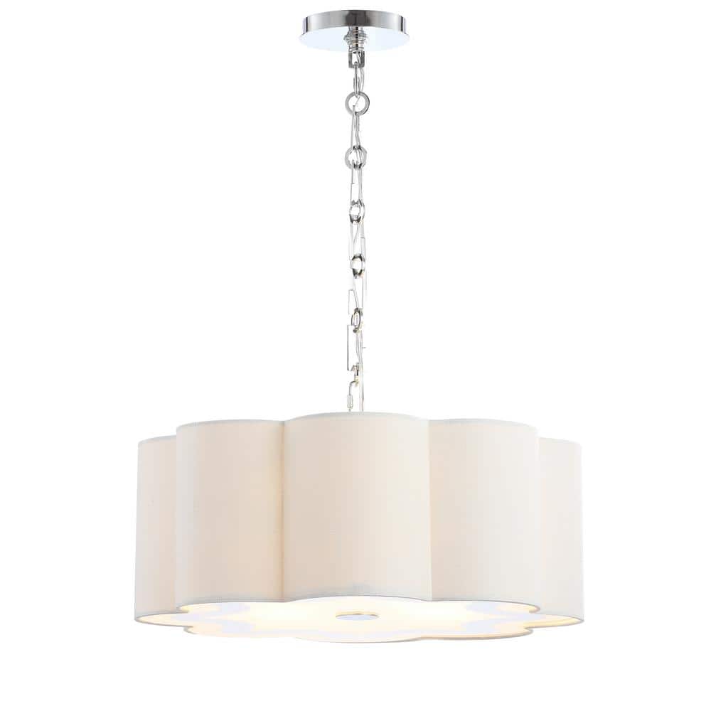 Polished Chrome 20" Drum Pendant with Scalloped Linen Shade and LED Bulbs