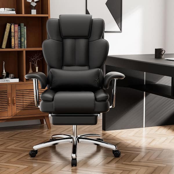 CSC DECOR INC Leather Swivel Ergonomic Executive Office Chair High Back Reclining Computer Chair with Lumbar Pillow Footrest in Black