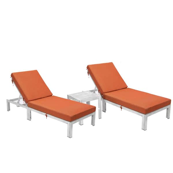 Leisuremod Chelsea Modern Weathered Grey Aluminum Outdoor Patio Chaise Lounge Chair with Side Table and Orange Cushions Set of 2